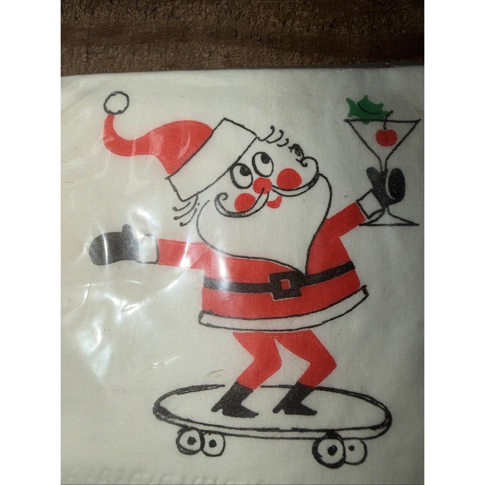 Vtg Christmas Paper Cocktail Napkins Sealed Mid Century Santa Skateboard Martini - Picture 2 of 12